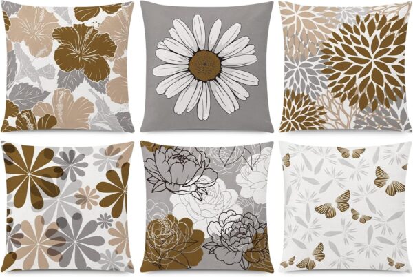 COMMINY Brown Grey Pillow Covers 18x18 Set of 6 Decorative Daisy Flower Throw Pillow Cover for Couch Modern Coffee Pillow Case for Patio Living Room Cushion Bed Farmhouse Home Decor 1