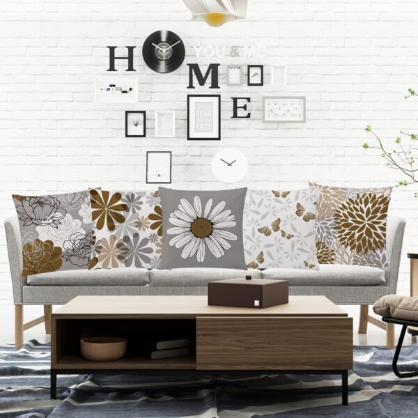 COMMINY Brown Grey Pillow Covers 18x18 Set of 6 Decorative Daisy Flower Throw Pillow Cover for Couch Modern Coffee Pillow Case for Patio Living Room Cushion Bed Farmhouse Home Decor 3