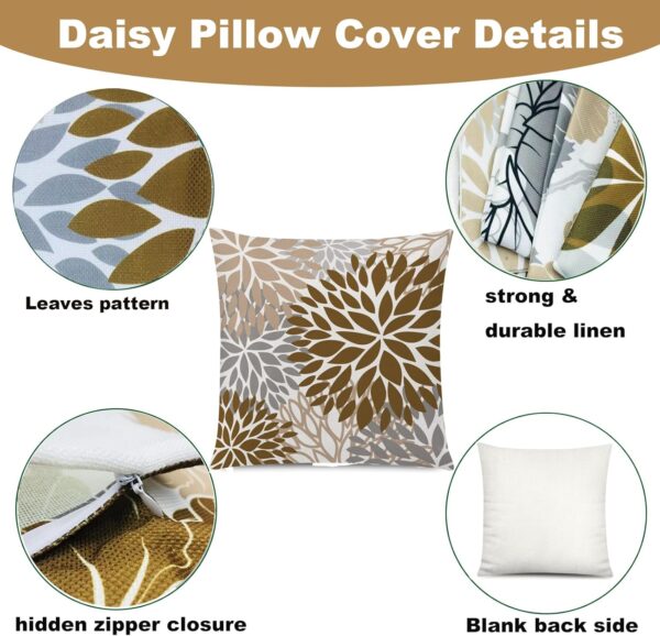 COMMINY Brown Grey Pillow Covers 18x18 Set of 6 Decorative Daisy Flower Throw Pillow Cover for Couch Modern Coffee Pillow Case for Patio Living Room Cushion Bed Farmhouse Home Decor 4