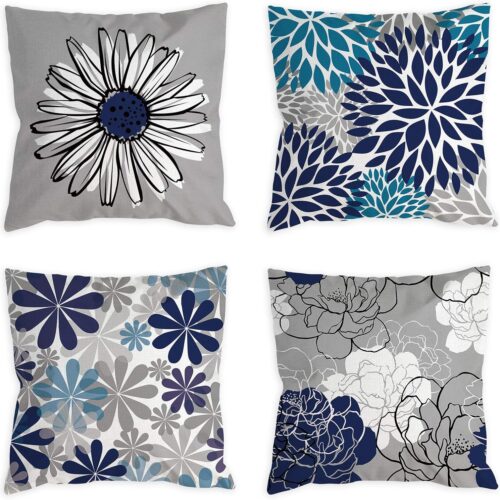 WF3893MAX_1 Blue Pillow Covers 18x18 Set of 4 Grey Decorative Throw Pillow Cover for Couch Modern Daisy Pillows Case for Living Room Cushion Bed Outdoor Navy Blue and Gray Home Decor