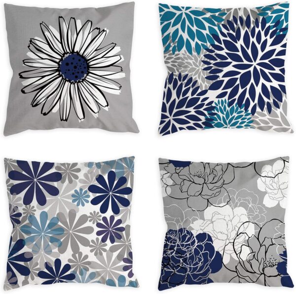 Blue Pillow Covers 18x18 Set of 4 Grey Decorative Throw Pillow Cover for Couch Modern Daisy Pillows Case for Living Room Cushion Bed Outdoor Navy Blue and Gray Home Decor 1