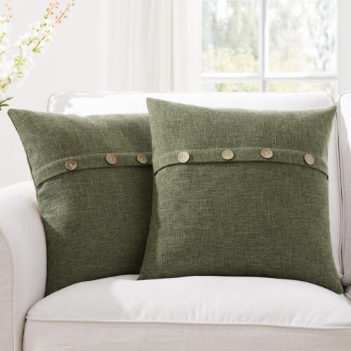 WF3899MAX_1 Meekio Set of 2 Dark Moss Green Pillow Covers 18 x 18 Linen Pillow Covers with Coconut Buttons Farmhouse Décor Housewarming Gifts