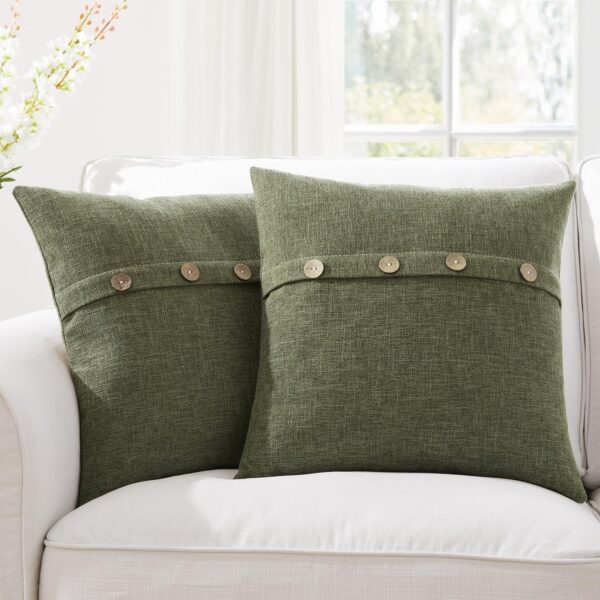 Meekio Set of 2 Dark Moss Green Pillow Covers 18 x 18 Linen Pillow Covers with Coconut Buttons Farmhouse Décor Housewarming Gifts 1