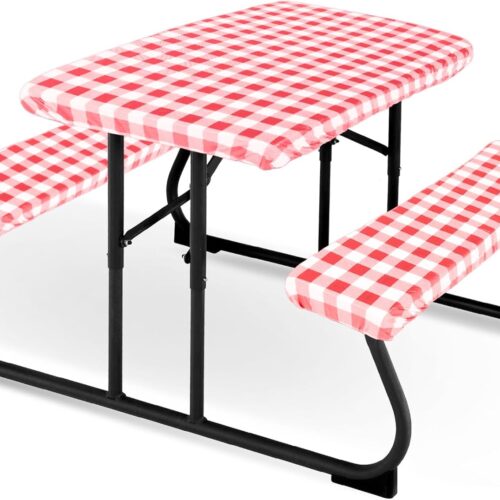 WF3949MAX_1 Moukeren 3 Pieces Picnic Table Cover for Kids with Bench Covers Fitted Tablecloth for Outdoors Vinyl Waterproof Cloth for Camping Home Goods Indoor Outdoor Patio BBQ(Red, White)
