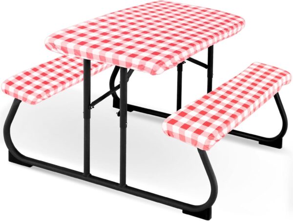 Moukeren 3 Pieces Picnic Table Cover for Kids with Bench Covers Fitted Tablecloth for Outdoors Vinyl Waterproof Cloth for Camping Home Goods Indoor Outdoor Patio BBQ(Red, White) 1
