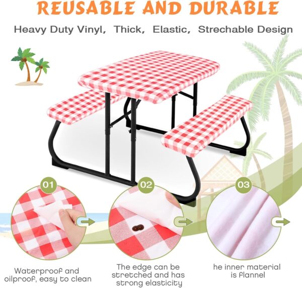 Moukeren 3 Pieces Picnic Table Cover for Kids with Bench Covers Fitted Tablecloth for Outdoors Vinyl Waterproof Cloth for Camping Home Goods Indoor Outdoor Patio BBQ(Red, White) 3