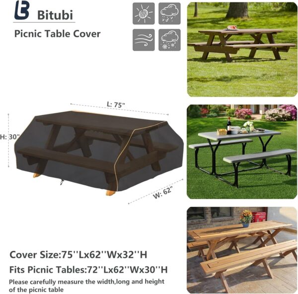 Bitubi 70 / 72 Inch Waterproof Picnic Table Cover With Bench Covers,Classic Black Wind Dust Proof Anti-UV, 72”Outdoor Cover For Picnic Table 2