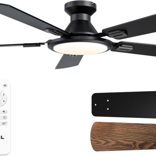 WF4035MAX_1 TCL Ceiling Fans with Lights, 52 Inch Low Profile Ceiling Fan with Light and Remote Control, Flush Mount, DC Reversible Motor, Noiseless, 6 Speeds Ceiling Fan for Bedroom (Black)
