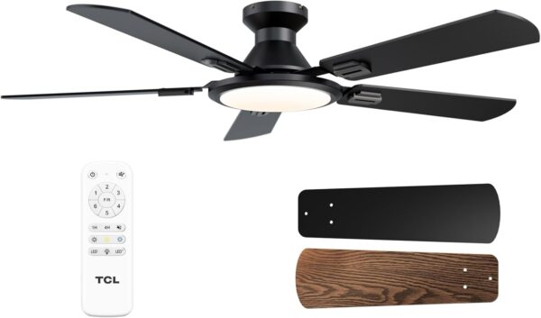 TCL Ceiling Fans with Lights, 52 Inch Low Profile Ceiling Fan with Light and Remote Control, Flush Mount, DC Reversible Motor, Noiseless, 6 Speeds Ceiling Fan for Bedroom (Black) 1