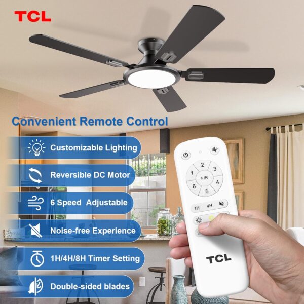 TCL Ceiling Fans with Lights, 52 Inch Low Profile Ceiling Fan with Light and Remote Control, Flush Mount, DC Reversible Motor, Noiseless, 6 Speeds Ceiling Fan for Bedroom (Black) 2