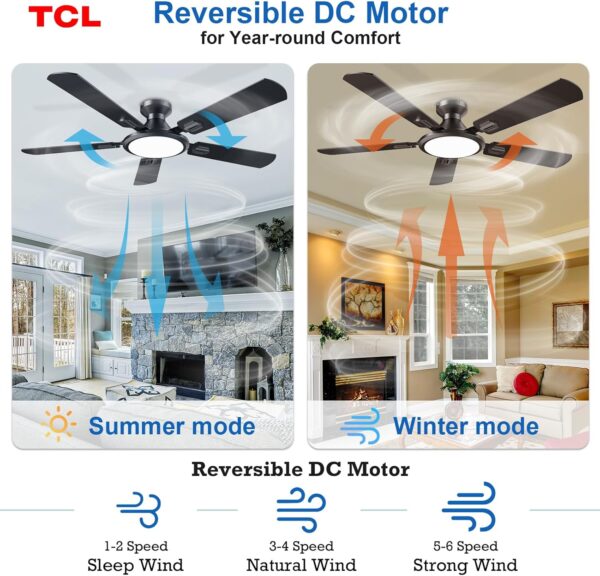 TCL Ceiling Fans with Lights, 52 Inch Low Profile Ceiling Fan with Light and Remote Control, Flush Mount, DC Reversible Motor, Noiseless, 6 Speeds Ceiling Fan for Bedroom (Black) 3
