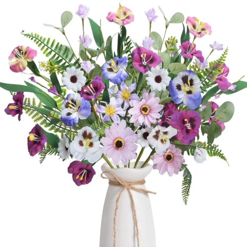 WF4575MAX_1 6Pcs Cemetery Flowers for Grave Silk Flower Funeral Flowers Arrangements Fake Daisies Pansies Wildflower Bouquet for Graveside Wedding Home Table Vase DIY Decor 19.6in