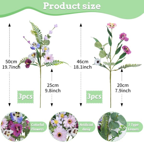 6Pcs Cemetery Flowers for Grave Silk Flower Funeral Flowers Arrangements Fake Daisies Pansies Wildflower Bouquet for Graveside Wedding Home Table Vase DIY Decor 19.6in 2