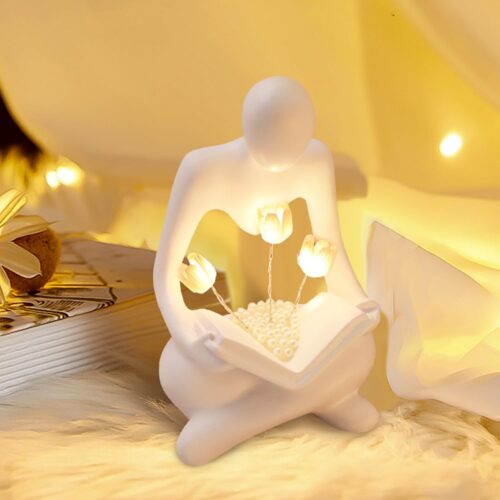 WF4828MAX_1 Reading Women Statue with Tulip Lamp, Thinker Sculptures with Night Light, Abstract Art Ornament, Modern Aesthetic Figurine Decoration for Home Living Room Bedroom Office Table Desk Bookshelf Decor