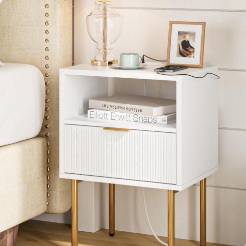WF4969MAX_1 Masupu Nightstand with Charging Station,Mid-Century Modern Bedside Table with Storage Drawer and Open Wood Shelf,Small Gold Frame Side Table for Bedroom,Living Room (White)