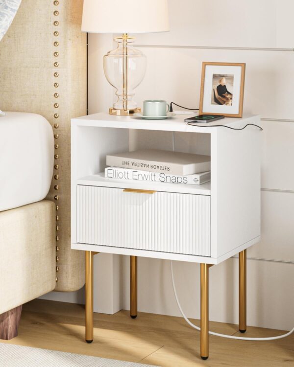 Masupu Nightstand with Charging Station,Mid-Century Modern Bedside Table with Storage Drawer and Open Wood Shelf,Small Gold Frame Side Table for Bedroom,Living Room (White) 1