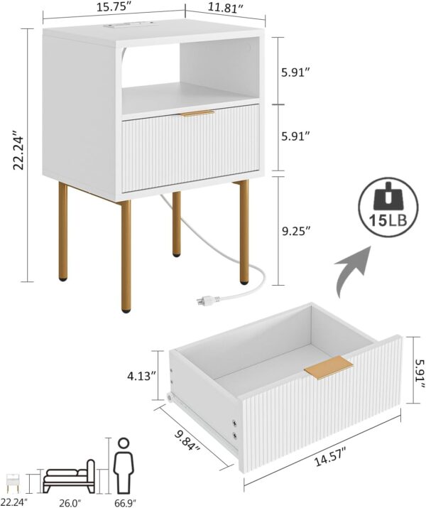 Masupu Nightstand with Charging Station,Mid-Century Modern Bedside Table with Storage Drawer and Open Wood Shelf,Small Gold Frame Side Table for Bedroom,Living Room (White) 2