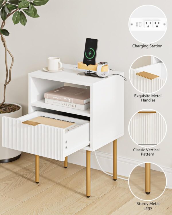 Masupu Nightstand with Charging Station,Mid-Century Modern Bedside Table with Storage Drawer and Open Wood Shelf,Small Gold Frame Side Table for Bedroom,Living Room (White) 4