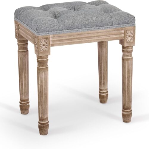 WF5179MAX_1 VONLUCE French Vintage Foot Stool with Rustic Wood Legs and Padded Seat, 18.5" High Memory Foam Upholstered Vanity Stool and Entryway Bench,Tufted Fabric Ottoman Stool for Bedroom Living Room, Gray