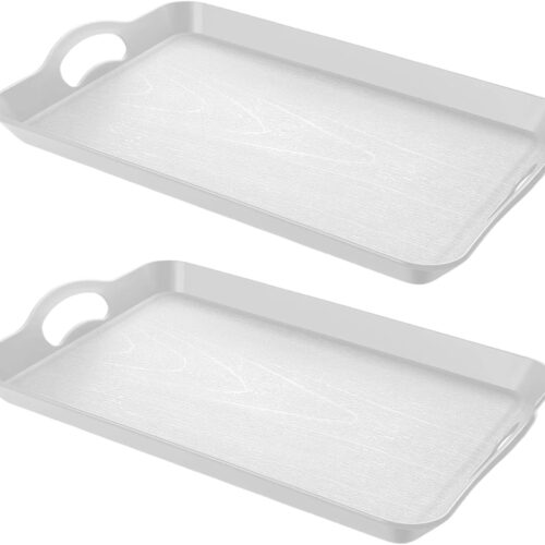WF5224MAX_1 2PC White Serving Trays with Handles, 16 x 11.2 inch Rectangular Non Skid Multi-Purpose Plastic OttomanTray for Restaurant, Parties, Coffee Table, Kitchen
