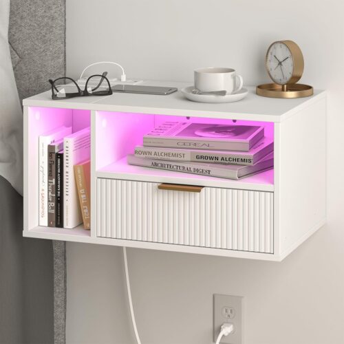 WF5584MAX_1 Veegle White Floating Nightstand with Charging Station and LED Lights,White