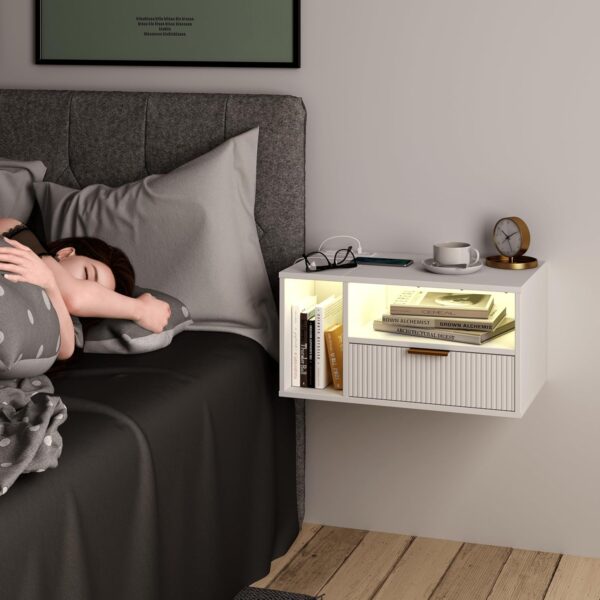 Veegle White Floating Nightstand with Charging Station and LED Lights,White 3