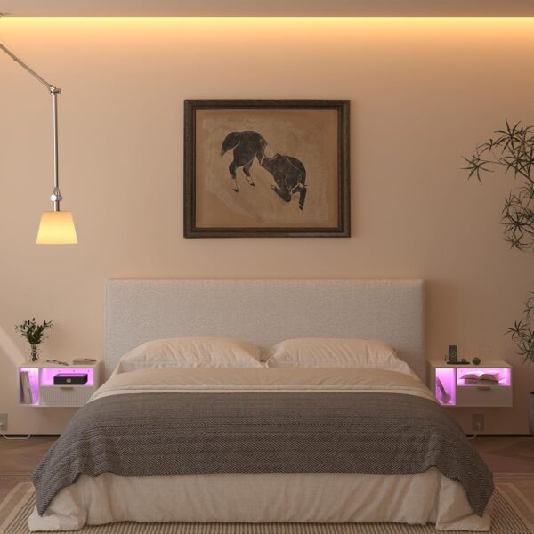 Veegle White Floating Nightstand with Charging Station and LED Lights,White 4