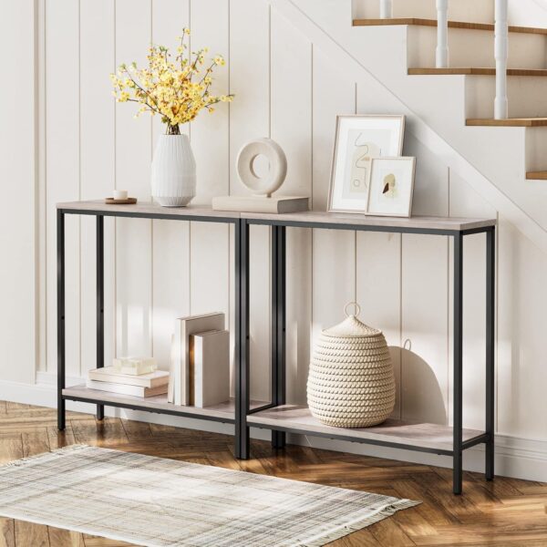 HOOBRO 29.5" L Narrow Console Table, Sofa Table Behind Couch with 2-Tier Storage Display Shelves, 8.7" D Small Entryway Table for Hallway, Foyer, Living Room, Bedroom, Greige and Black BG22XG01 2