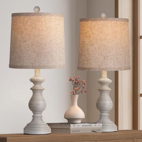WF5683MAX_1 PARTPHONER Traditional Table Lamp Set of 2, Rustic Farmhouse Table Lamps for Living Room Bedroom, 22" Bedside Desk Lamps Vintage Nightstand Lamps with Linen Shades, Antique Grey