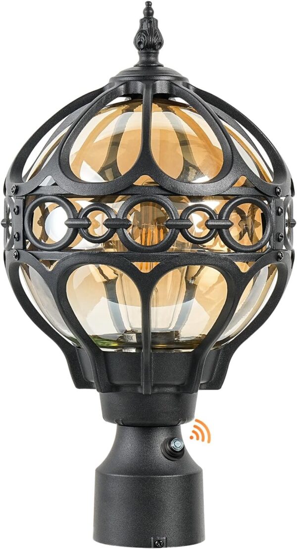 Dusk to Dawn Black Outdoor Post Lights, Exterior Waterproof Rustproof Sphere Outside Post Lamps Fixture, Farmhouse Aluminum Pillar Lantern for Porch House Pathway Fence Yard Garden Patio,With Sensor 1
