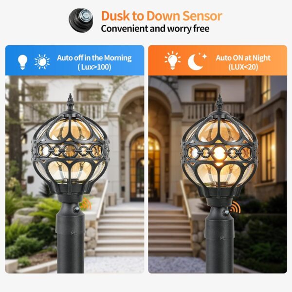 Dusk to Dawn Black Outdoor Post Lights, Exterior Waterproof Rustproof Sphere Outside Post Lamps Fixture, Farmhouse Aluminum Pillar Lantern for Porch House Pathway Fence Yard Garden Patio,With Sensor 2