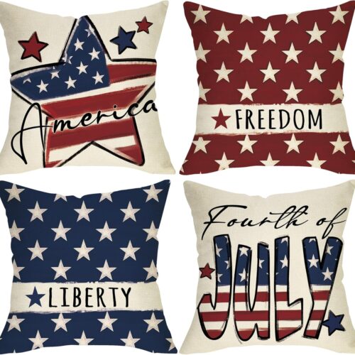 WF6216MAX_1 4th of July Decorative Throw Pillow Covers 18 x 18 Set of 4, Patriotic America Stars Porch Outdoor Home Decor, American USA Freedom Liberty Couch Cushion Case