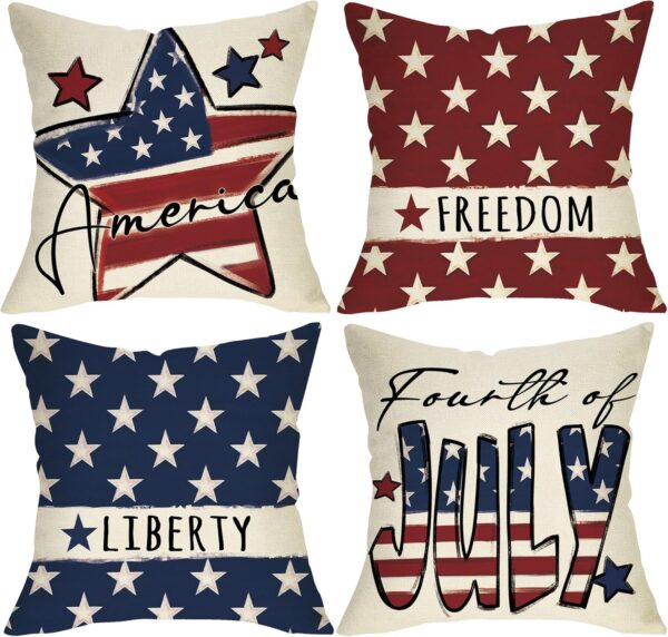4th of July Decorative Throw Pillow Covers 18 x 18 Set of 4, Patriotic America Stars Porch Outdoor Home Decor, American USA Freedom Liberty Couch Cushion Case 1