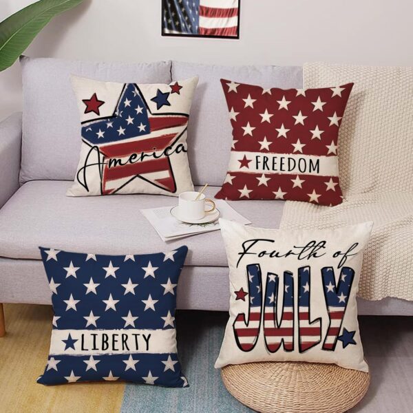 4th of July Decorative Throw Pillow Covers 18 x 18 Set of 4, Patriotic America Stars Porch Outdoor Home Decor, American USA Freedom Liberty Couch Cushion Case 4