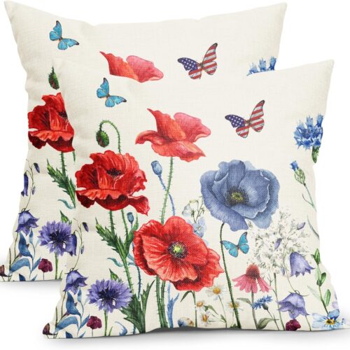 WF6221MAX_1 4th of July Pillow Covers 18x18 Inch Red Blue Floral Patriotic Outdoor Decorative Throw Pillow Covers Set of 2 Independence Day Pillowcases Farmhouse Cotton Linen Cushion Covers for Couch Home Decor