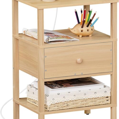 WF6380MAX_1 Lerliuo Nightstand with Charging Station and USB Ports, 3-Tier Storage End Table with Drawer Shelf, Night Stand for Small Spaces, Wood Bedside Table for Living Room, Bedroom - Natural Wood