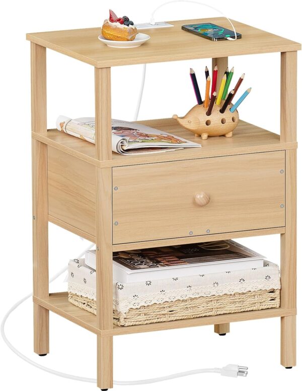 Lerliuo Nightstand with Charging Station and USB Ports, 3-Tier Storage End Table with Drawer Shelf, Night Stand for Small Spaces, Wood Bedside Table for Living Room, Bedroom - Natural Wood 1