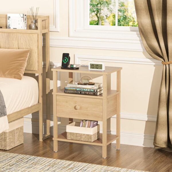 Lerliuo Nightstand with Charging Station and USB Ports, 3-Tier Storage End Table with Drawer Shelf, Night Stand for Small Spaces, Wood Bedside Table for Living Room, Bedroom - Natural Wood 2