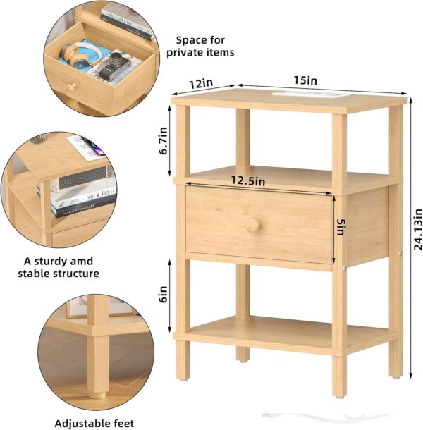 Lerliuo Nightstand with Charging Station and USB Ports, 3-Tier Storage End Table with Drawer Shelf, Night Stand for Small Spaces, Wood Bedside Table for Living Room, Bedroom - Natural Wood 3
