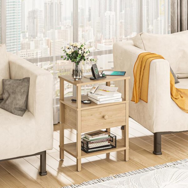Lerliuo Nightstand with Charging Station and USB Ports, 3-Tier Storage End Table with Drawer Shelf, Night Stand for Small Spaces, Wood Bedside Table for Living Room, Bedroom - Natural Wood 4