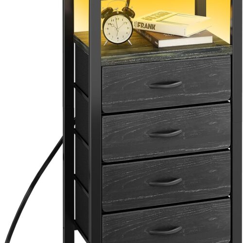WF7034MAX_1 Kitstorack Night Stand with Charger Station and LED Light Black Nightstand with Drawers Bedside Table Tall Nightstand 4 Fabric Drawers