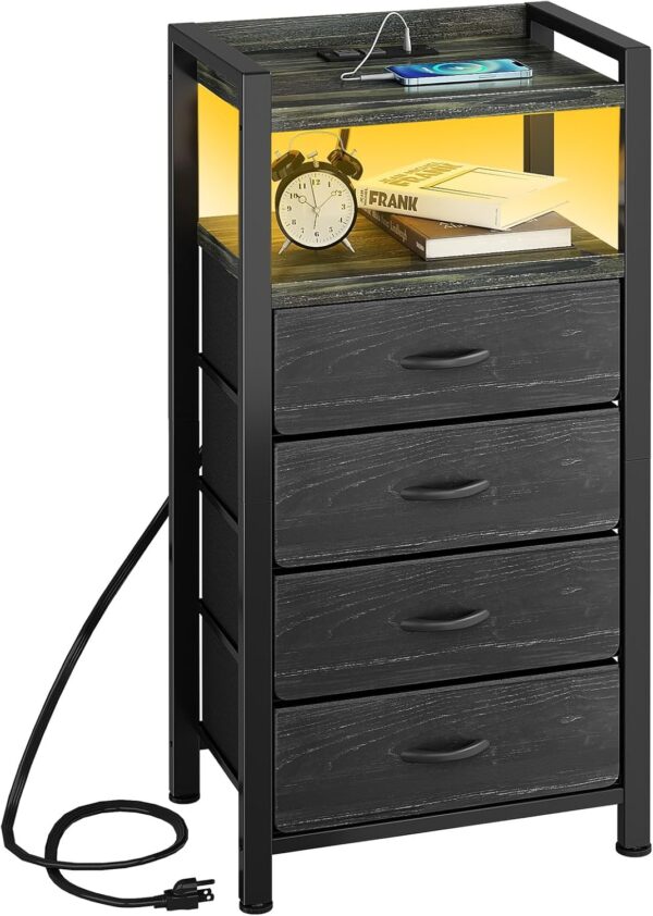 Kitstorack Night Stand with Charger Station and LED Light Black Nightstand with Drawers Bedside Table Tall Nightstand 4 Fabric Drawers 1