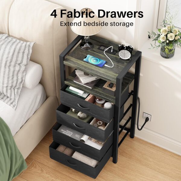 Kitstorack Night Stand with Charger Station and LED Light Black Nightstand with Drawers Bedside Table Tall Nightstand 4 Fabric Drawers 2
