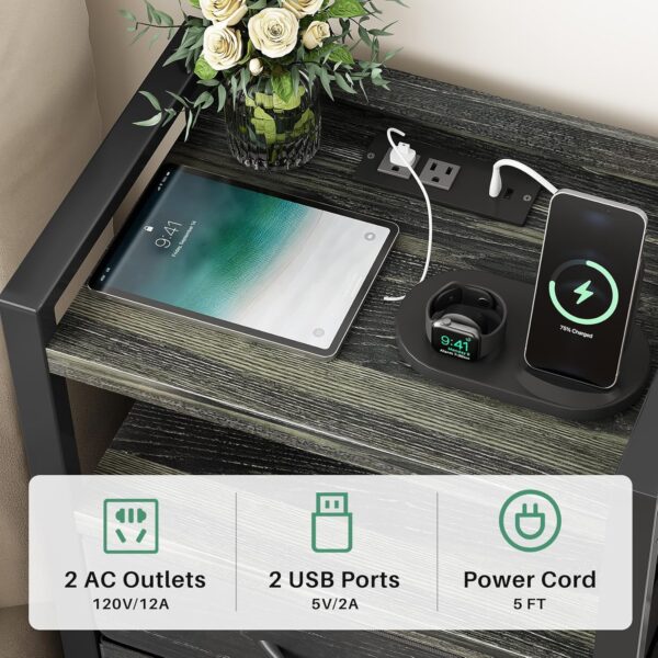 Kitstorack Night Stand with Charger Station and LED Light Black Nightstand with Drawers Bedside Table Tall Nightstand 4 Fabric Drawers 3