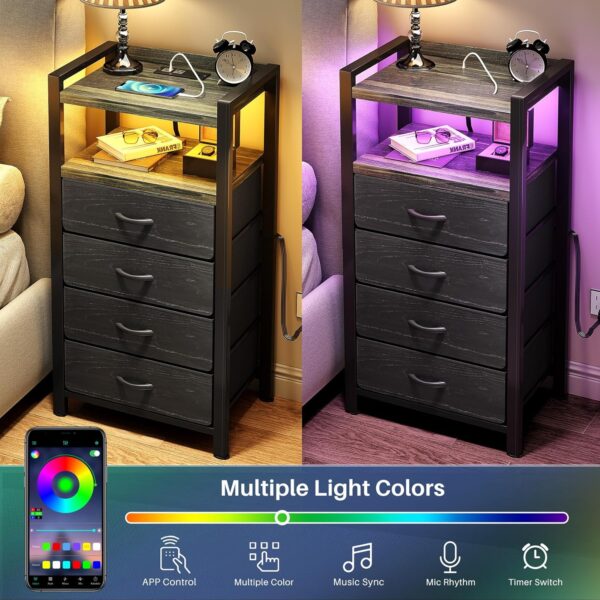 Kitstorack Night Stand with Charger Station and LED Light Black Nightstand with Drawers Bedside Table Tall Nightstand 4 Fabric Drawers 4