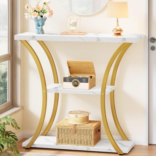 WF7263MAX_1 Hoctieon 3 Tier Console Table with Open Wood Shelves, Decorative Entryway Table with Curved Metal Frames, Narrow Sofa Table for Entrance, Living Room, Hallway, Gold and White Marbled