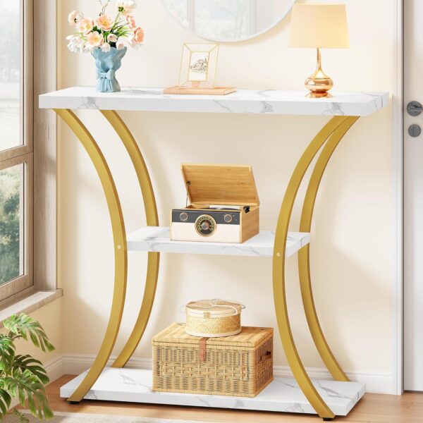 Hoctieon 3 Tier Console Table with Open Wood Shelves, Decorative Entryway Table with Curved Metal Frames, Narrow Sofa Table for Entrance, Living Room, Hallway, Gold and White Marbled 1
