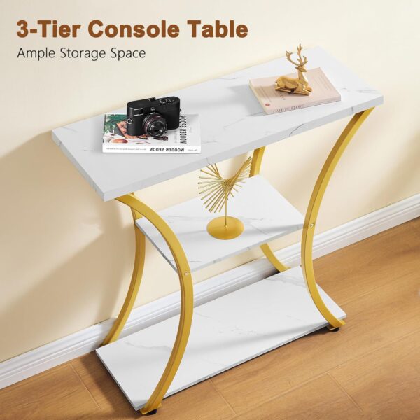 Hoctieon 3 Tier Console Table with Open Wood Shelves, Decorative Entryway Table with Curved Metal Frames, Narrow Sofa Table for Entrance, Living Room, Hallway, Gold and White Marbled 3