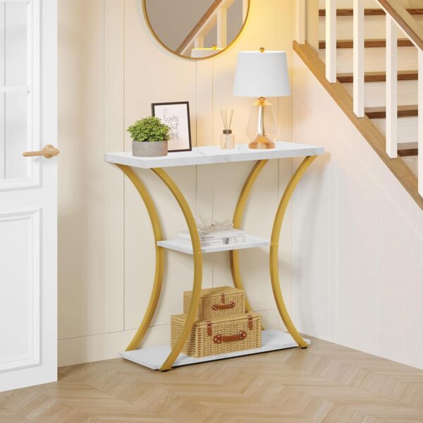 Hoctieon 3 Tier Console Table with Open Wood Shelves, Decorative Entryway Table with Curved Metal Frames, Narrow Sofa Table for Entrance, Living Room, Hallway, Gold and White Marbled 4
