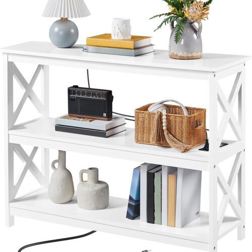 WF7266MAX_1 Yaheetech Entryway Table with Storage Shelves, Console Table with Power Outlets and USB Ports, Wood Narrow Sofa Tables with X-Shaped Design for Living Room/Hallway/Couch, White